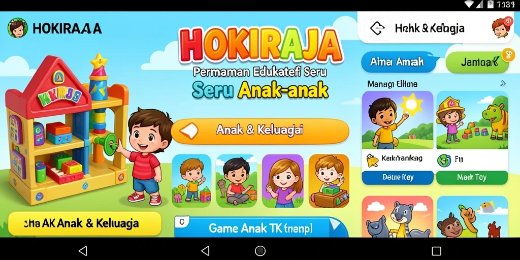 Antarmuka HOKIRAJA yang cerah dan menarik untuk anak-anak.